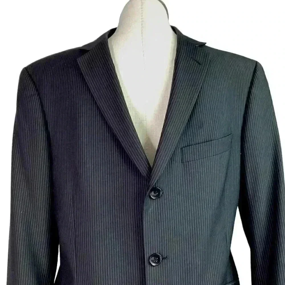 Billy London Sport Coat Blazer Jacket Mens 42S Black Blue Pinstripe Rayon Blend